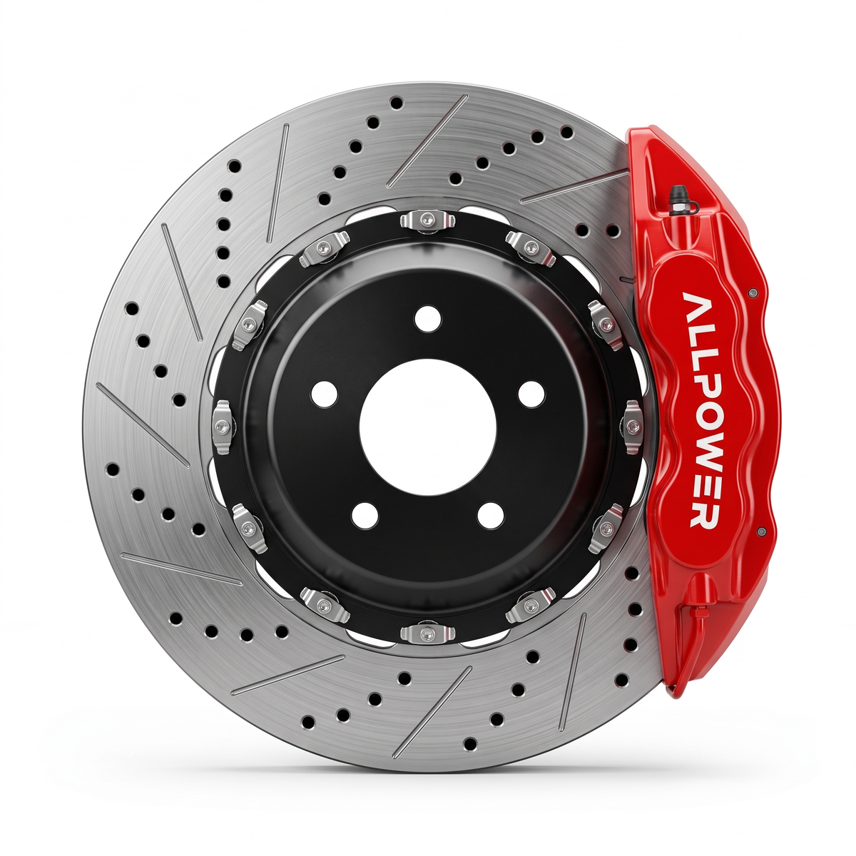ALLPOWER RACING F50 — 4-бутален предна спирачен апарат с двусъставен диск, фронтален изглед